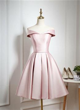 Picture of Pink Satin Knee Length Homecoming Dresses, Off the Shoulder Homecoming Dresses